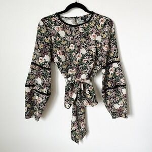 Topshop Floral Balloon Sleeve Top Tie Back Crochet Womens 8 Dark Romantic Fairy